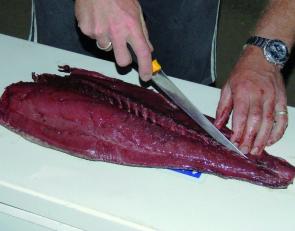 Making a ‘V’ incision along the lateral length of the fillet to remove the blood line.